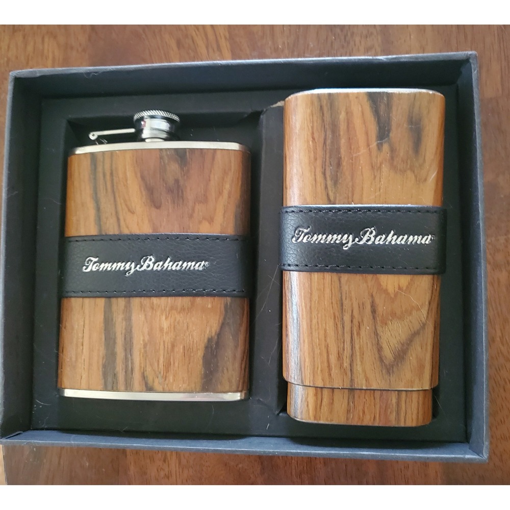 Tommy Bahama Cigar Case and Flask Gift Set Brown Wood Grain TH31936 Stainless